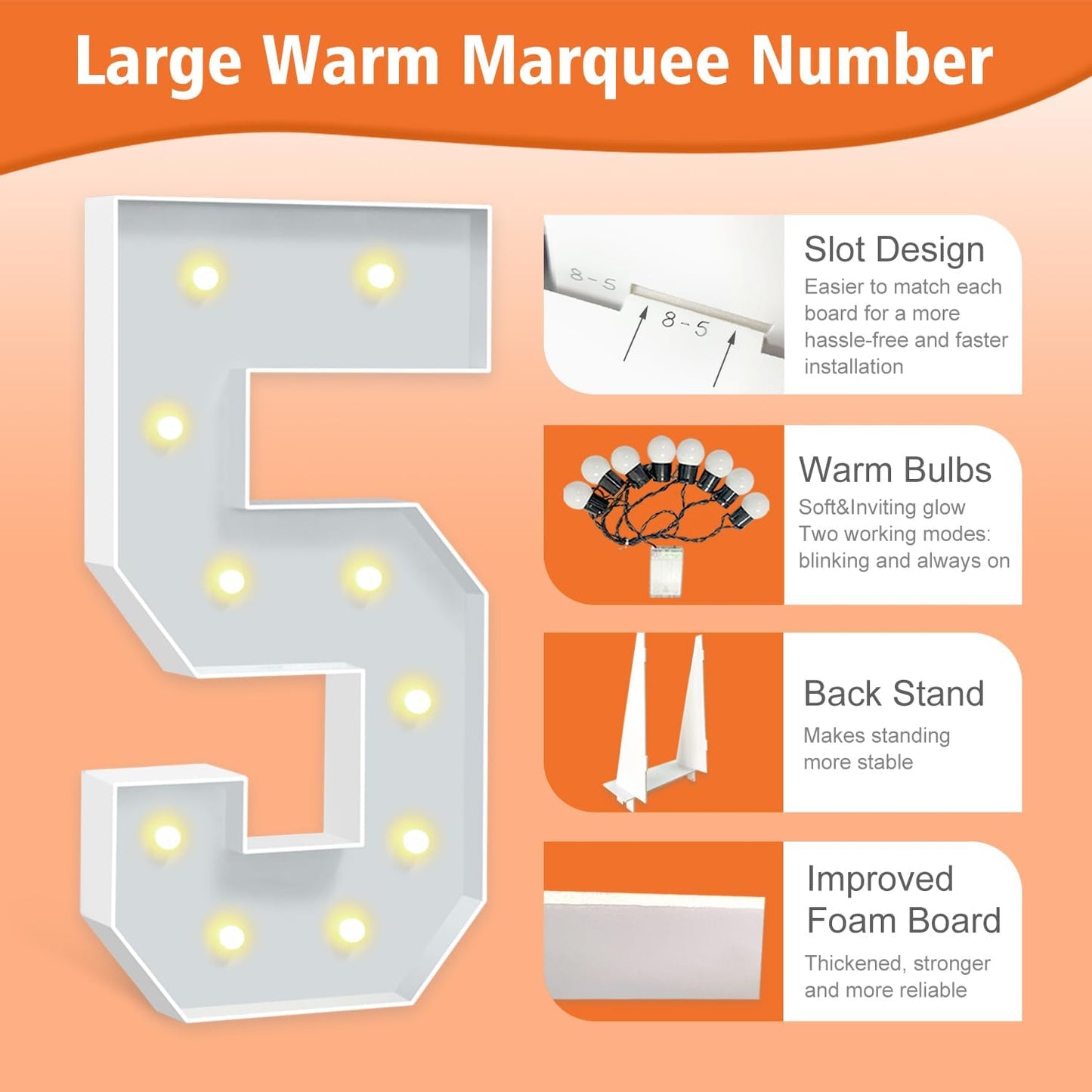 4FT Marquee Light Up Numbers 5, Mosaic Numbers with Light Bulbs for 5th 15th 50th Birthday Decorations, Big Marquee Sign for 2025 Graduation Decorations Wedding Engagement Party Decor Festival Party