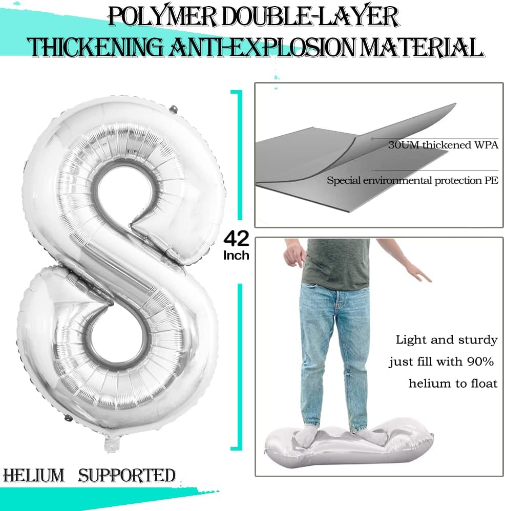 GOER Silver Foil Balloons Number 8,Huge Number Balloons for 8th Birthday Party Supplies Anniversary Decorations(3 pcs,42 inch,32 inc,16inch)