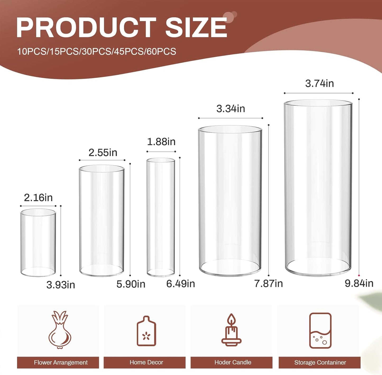 10 Pack Glass Cylinder Vase for Centerpieces, Clear Flower Glass Vases for Wedding Decorations, Hurricane Floating Candle, Holder for Table Centerpiece Wedding Home Décor