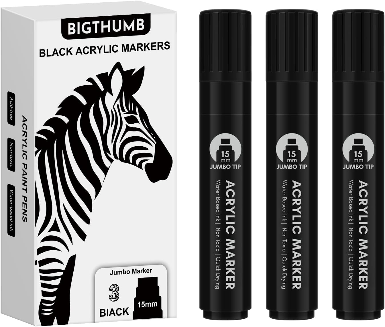 3 Pcs Black Jumbo Permanent Markers: 15mm Wide Tip Thick Acrylic Paint Pen Large Calligraphy Marker for Rock Painting, Poster, Sign, Canvas, Glass, Wood, Ceramic