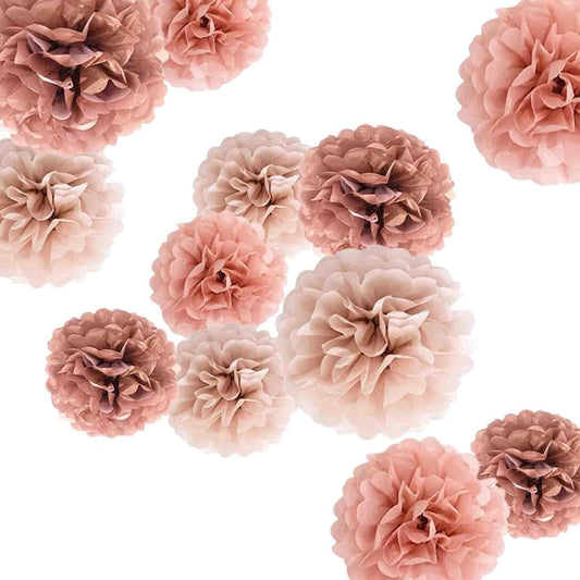 Rose Gold Tissue Paper Pom Poms-Blush Pink Tissue Paper Flowers-Wall Hanging Decorations for Bachelorette, Neutral,Bridal,Boho Wedding Baby Shower Decorations- Size of 8in,10in, 12in, Pack of 12