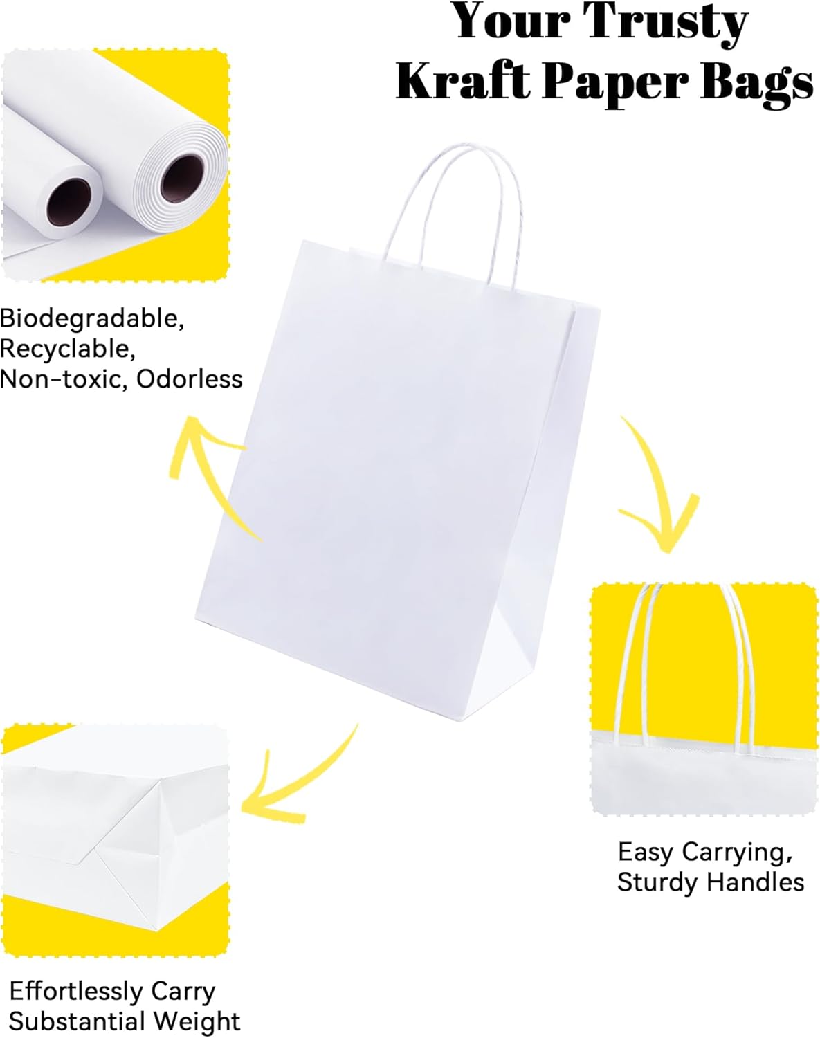 BAG BOX 50 Pack 5.9x3.1x8.25 Inch White Gift Bags with Handles,Bulk Kraft Paper Bags for Shopping, Retail, Merchandise, Wedding, Party Favors, Paper Grocery Sacks