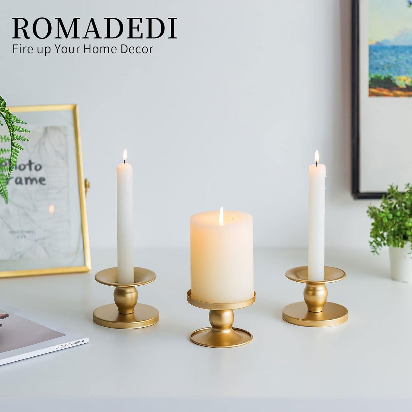 Candle Holders for Pillar Candles, Romadedi Gold Pillar & Taper Candle Holder, Small Metal Candle Stick Candle Holder for Wedding, Dining Room Table Centerpiece, Holiday Decor, 12 Pcs