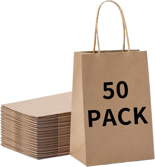 BAG BOX 50 Pack 5.9x3.1x8.25 Inch Brown Gift Bags with Handles,Bulk Kraft Paper Bags for Shopping, Retail, Merchandise, Wedding, Party Favors, Paper Grocery Sacks