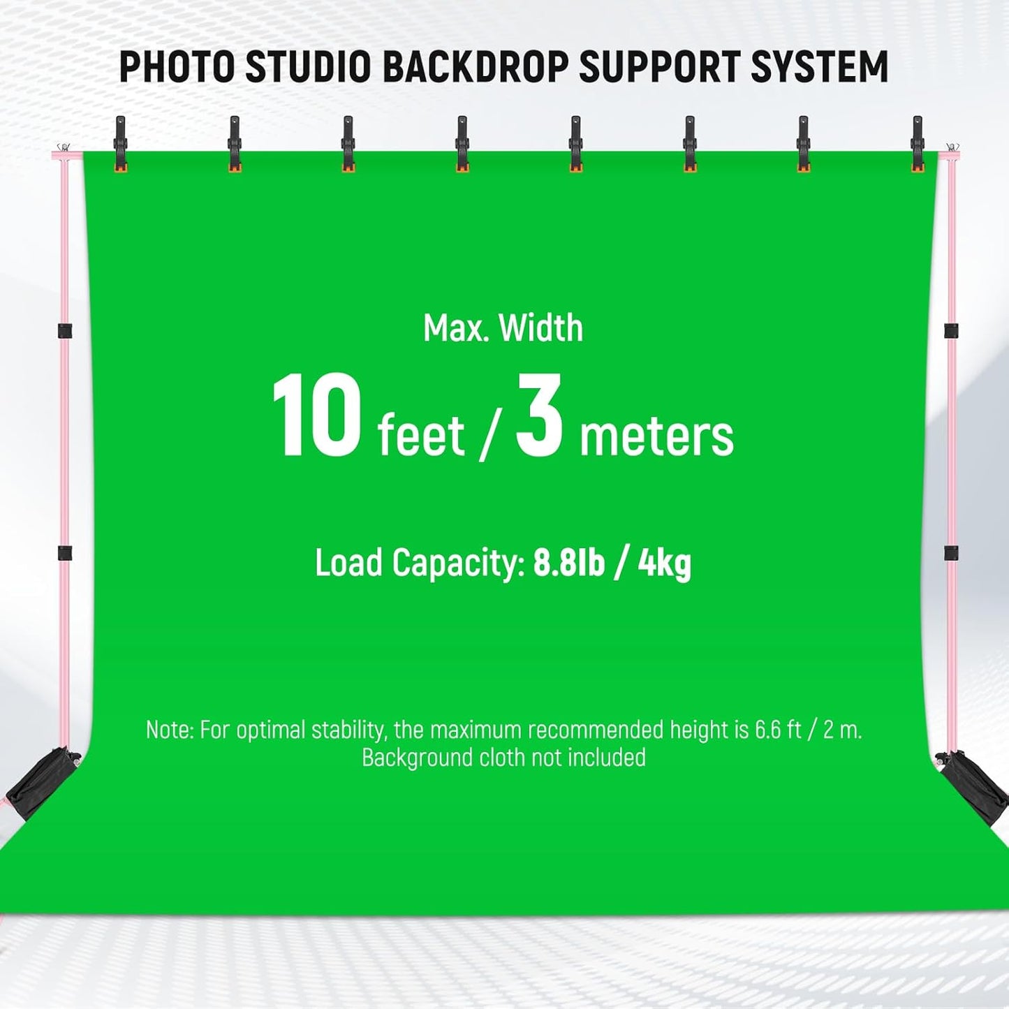 Neewer Photo Studio Backdrop Support System, 10ft/3m Wide 6.6ft/2m High Adjustable Background Stand with 4 Crossbars, 6 Backdrop Clamps, 2 Sandbags, and Bag for Portrait & Studio Photography-Pink