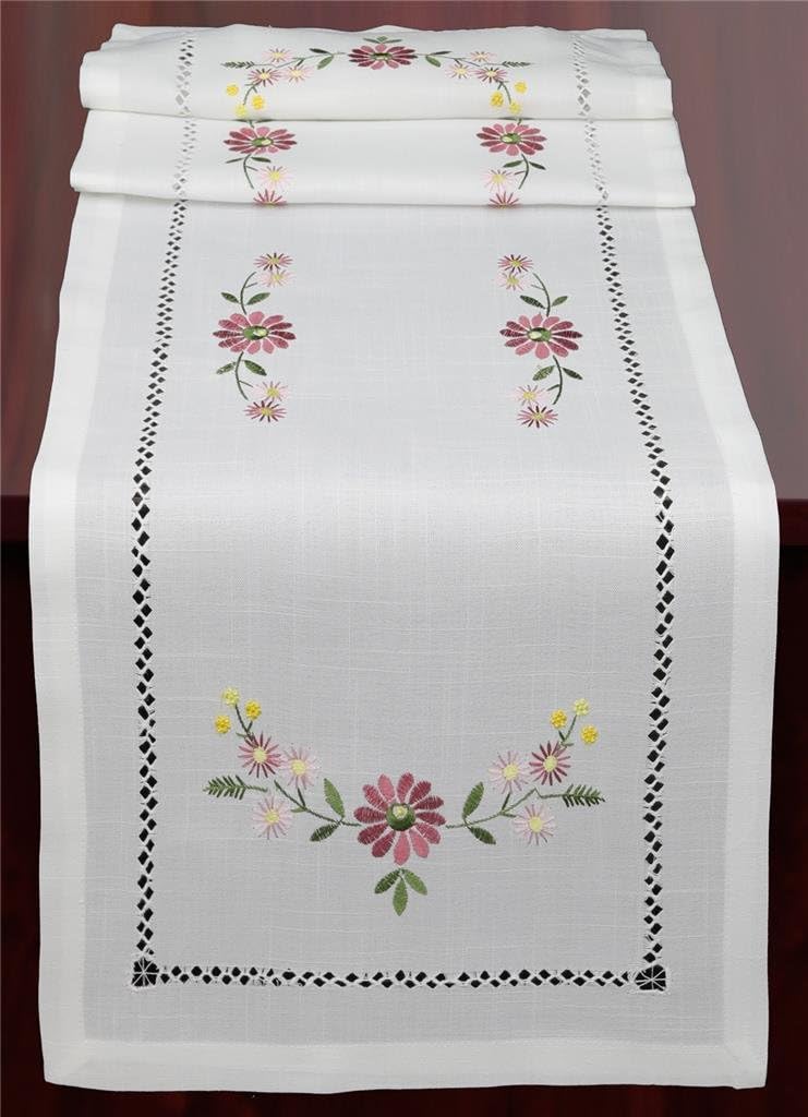 Creative Linens Hemstitch Embroidered Daisy Flower Table Runner 15x52 Dresser Scarf White Rectangular