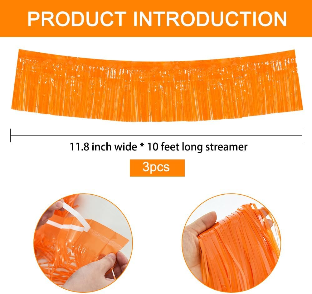 BEISHIDA 3 Packs Metallic Foil Fringe Garland Orange Wall Hanging Tinsel Fringe Banners for Halloween Car Floats Bridal Shower Wedding Birthday Easter Graduation Holiday Party Decoration(30 Feet)