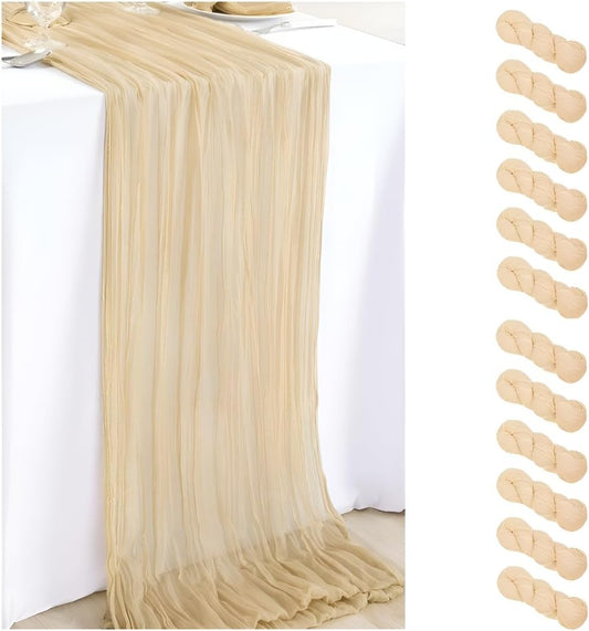 12Pcs Shallow Khaki Cheesecloth Table Runner 120 Inch10FT Champagne Rustic Boho Cheesecloth Table Runnerfor Wedding Party Baby Shower Birthday Home Decor Holiday Decorations