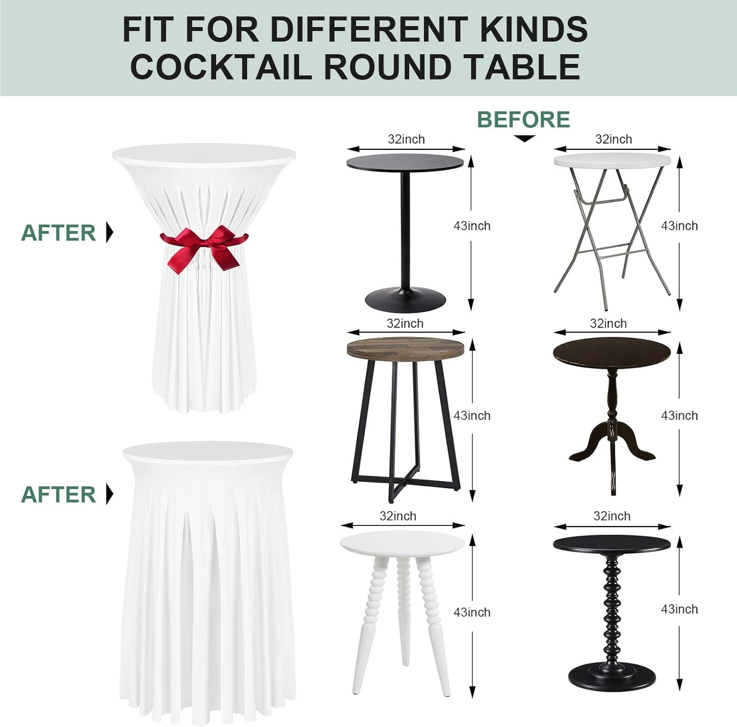 Cocktail Table Covers - 3 Pack 32"x 43" White Cocktail Table Tablecloth with Natural Wavy Round Skirt for Bar Wedding Party Banquet