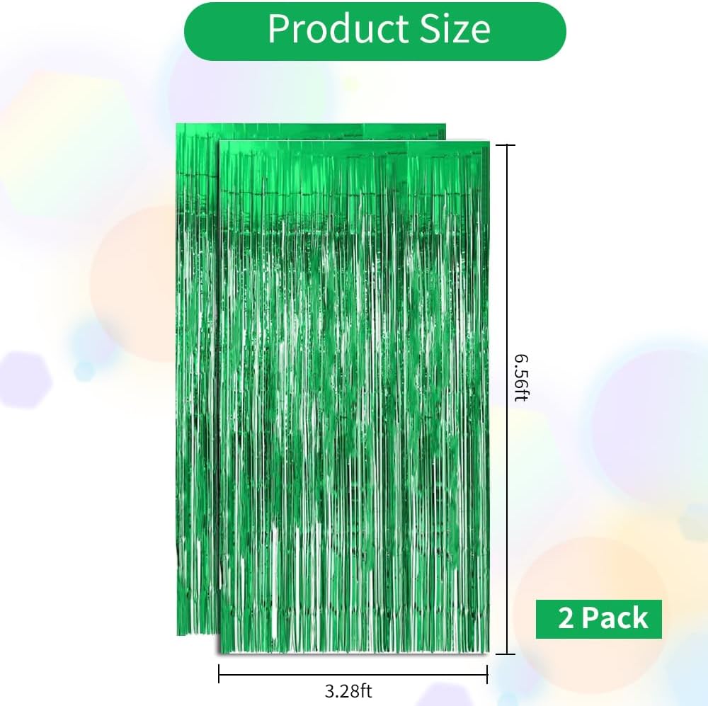 BEISHIDA 2 Pcs Green Door Streamers Tinsel Curtain Party Streamers Backdrop Fringe Foil Wall Background for Birthday Halloween Christmas Wedding Party Decoration(3.28 ft x 6.56 ft)