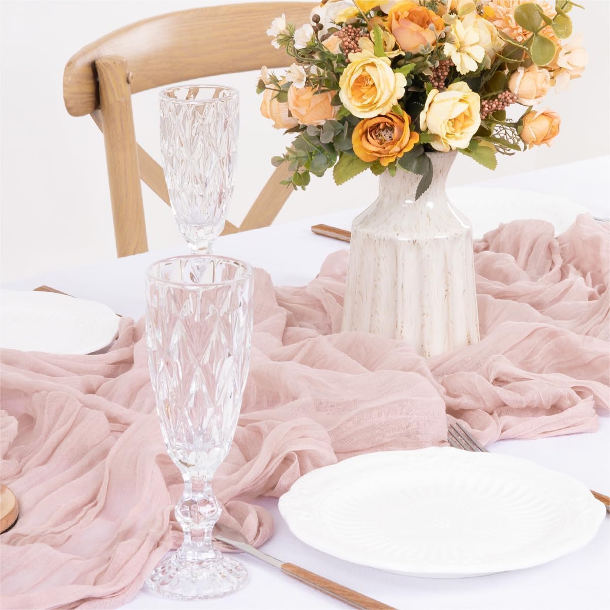 12Pcs Rubber Powder Cheesecloth Table Runner 120 Inch10FT Dust Powder Rustic Boho Cheesecloth Table Runnerfor Wedding Party Baby Shower Birthday Home Decor Holiday Decorations