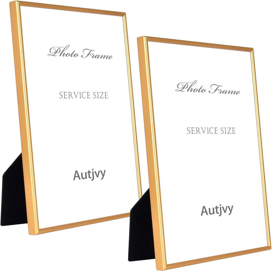 8.5x11 Picture Frame Matte Gold Modern Simple Thin Aluminum Metal Certificate Document Photo Frame with HD Real Glass, Display for Tabletop and Wall Collage. (2 Pack)