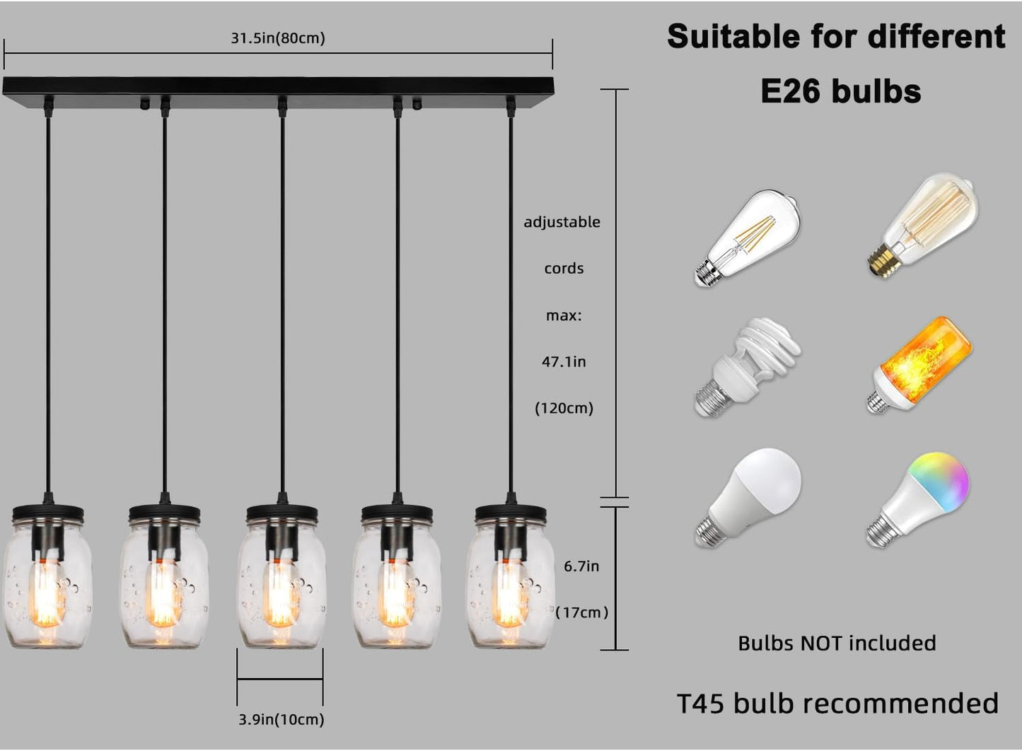 Glass Mason Jar Light Fixtures, 5-Light Adjustable Height Pendant Ceiling Lights Flush Mount - Black Country Farmhouse Lights for Kitchen Dining Room Foyer Stairway Hallway Entryway Porch