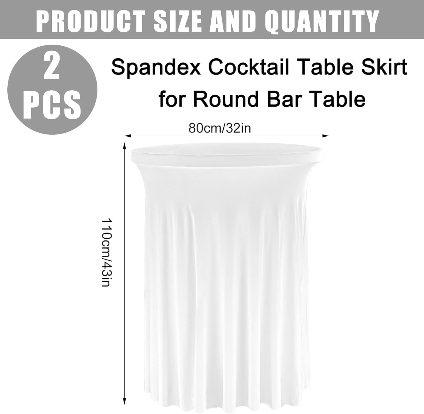 Fivenl 2 Pack Spandex Cocktail Table Skirt 32"x 43" White Stretch Cocktail Table Cover, Washable Round High Top Tablecloth for Bar, Wedding, Party, Events (White)