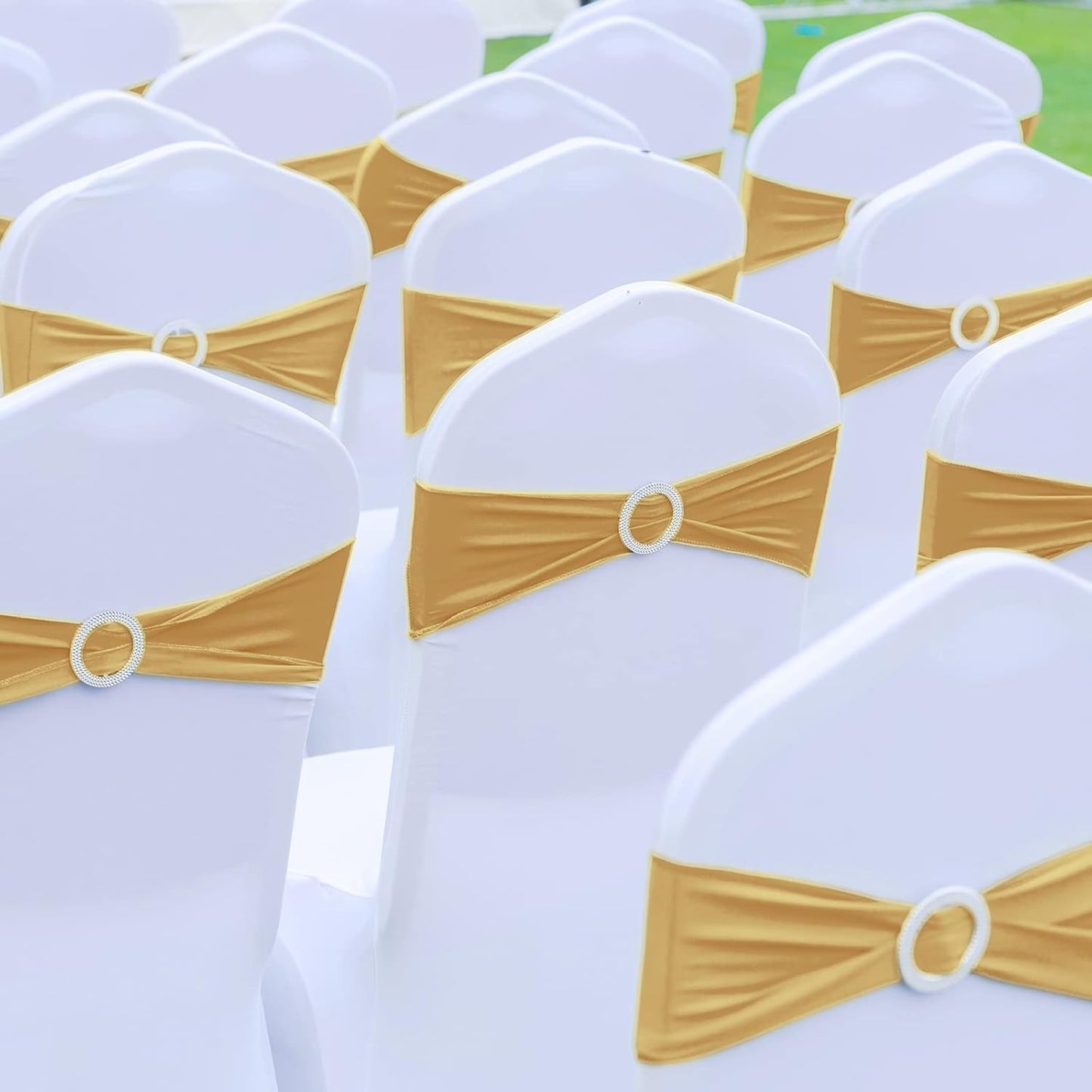 CHENGU 150 Pieces Spandex Stretch Chair Sashes Bows Elastic Chair Cover Bands Ties with Buckle Slider for Wedding Party Reception Events Universal Ceremony Banquet Decorations(Gold)