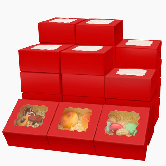 Bakepacker 60pcs Red Bakery Boxes with Window 6x6x3 inches Thick & Cookie Boxes & Sturdy Macaroon Pastry