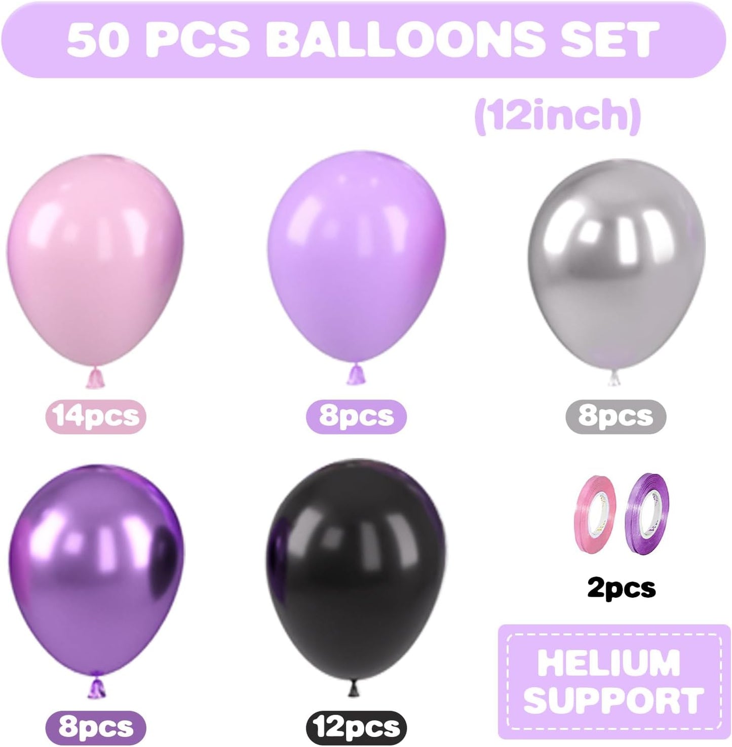 Purple Pink Balloons, 12 Inch Metallic Silver Purple Pink Black Balloons, Pastel Pink Purple Latex Helium Balloon for Girls Women Wedding Bride Shower Baby Shower Birthday Party Decorations