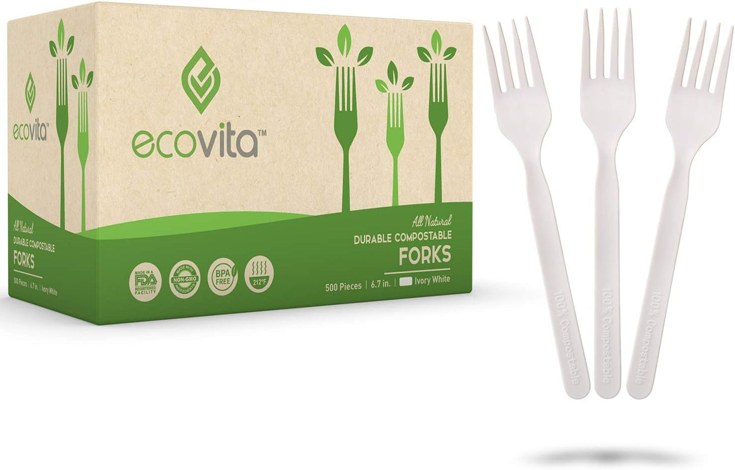 Ecovita 100% Compostable Forks - 500 Large Disposable Utensils (7 in.) Bulk Size Eco Friendly Durable and Heat Resistant Alternative to Plastic Forks with Convenient Tray