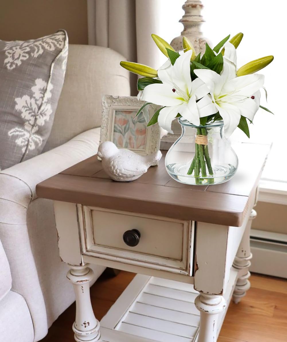 Artificial Flowers Tiger Lily Real Touch with Vase Easter Lily White Lilies Silk Faux Flowers Arrangements in Glass Vase with Faux Water Easter Decor Fake Floral Bulk Bouquet for Office Home Decor