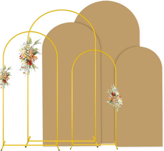 MODFUNS Metal Arch Backdrop Stand and Cover Set 4&5&6ft Khaki Arch Cover Gold Wedding Arched Frame Brown Backdrop Covers Arched Stand with Covers for Wedding Ceremony Birthday Party Decor