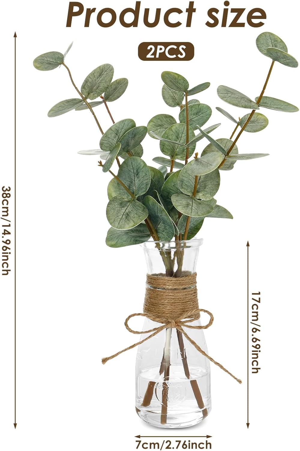 2 Pack Artificial Eucalyptus Stems in Glass Vase Decorative Greenery Artificial Plant with Double Sided Green Eucalyptus Leaves for Home Office Decor (Green-2Pcs)