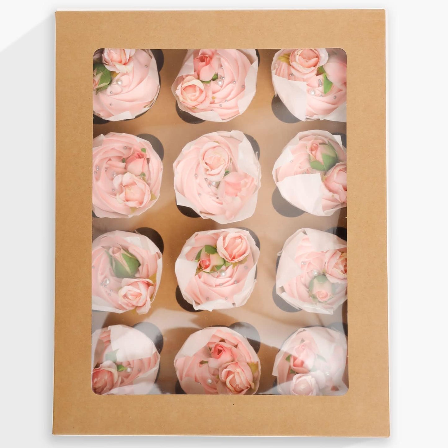 12 Cupcake Containers 12-Packs Brown Cupcake Box Cupcakes Carrier, 12 Cupcake Boxes with Window 13"x10"x3.5"（Auto-pop up）