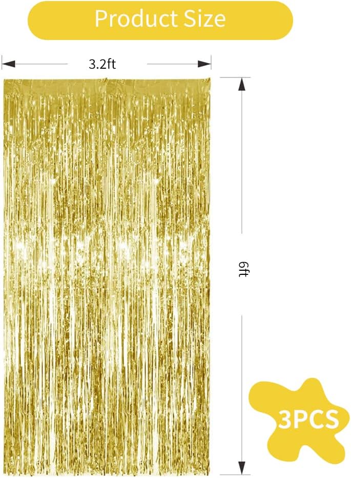 3Pcs Gold Metallic Tinsel Foil Fringe Curtains,3.28ft x 6.56ft Gold Photo Booth Backdrop Streamer Curtain,Photo Booth Props,Ideal Bachelorette Party Supplies, Birthday, Christmas,New Year Decorations