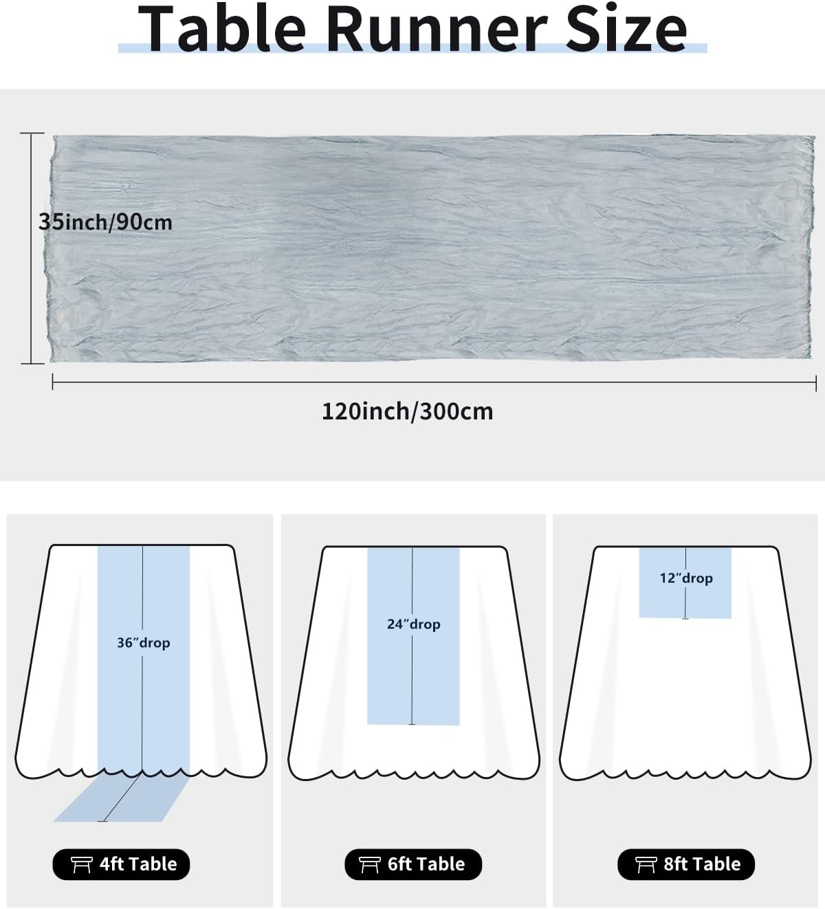 Dusty Blue Cheesecloth Table Runner 120 Inch, Summer Boho Gauze 10 FT, Rustic Cheese Cloth Table Runner for Wedding, Baby Bridal Shower, Party, Farmhouse Centerpiece Home Decorations