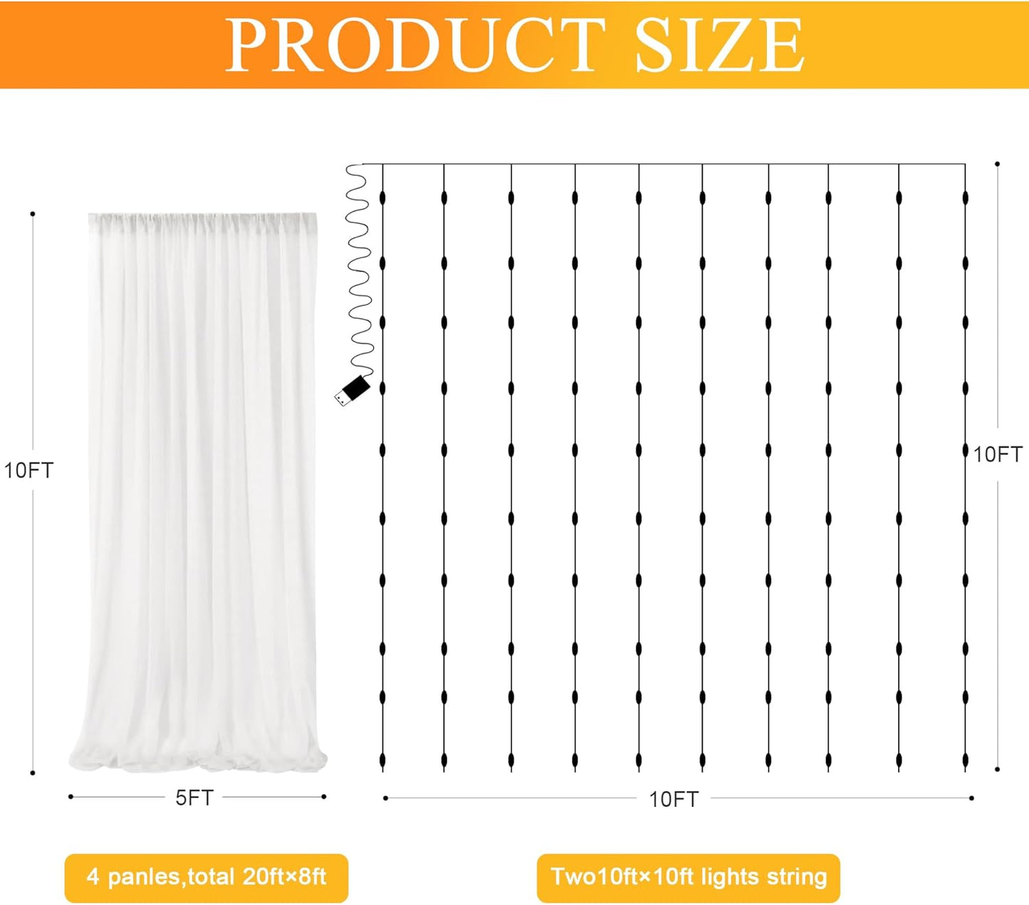 Fomcet Tulle Curtains with Lights String Ivory 20FT X 10FT Sheer Backdrop Curtains for Parties Wedding Baby Shower Photo Shoot Decorations (4 Panels 5 x 10FT)