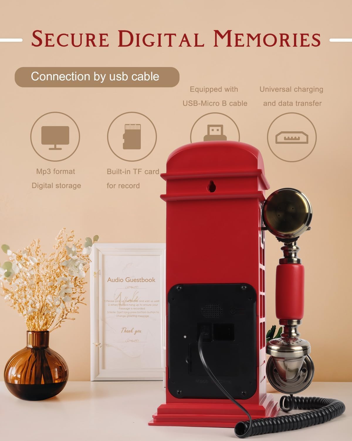 Audio Guest Book Wedding Phone with Vintage Phone Booth Design, Record Customized Audio Message Guest Book for Wedding, Party and Gathering, Red