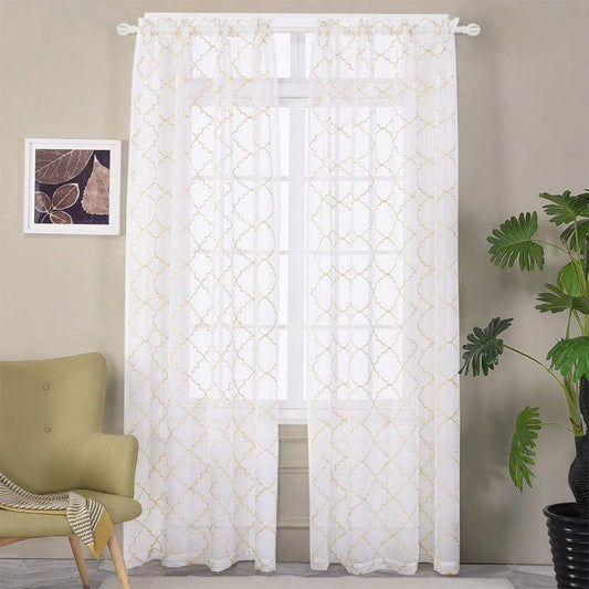 Embroidered Moroccan Tile Lattice Design Gold Sheer Curtains 84 Inch Long, Rod Pocket Sheer Drapes for Living room, Bedroom, 2 Panels, 52"x84", Semi Voile Window Treatments for Yard, Villa, Parlor.