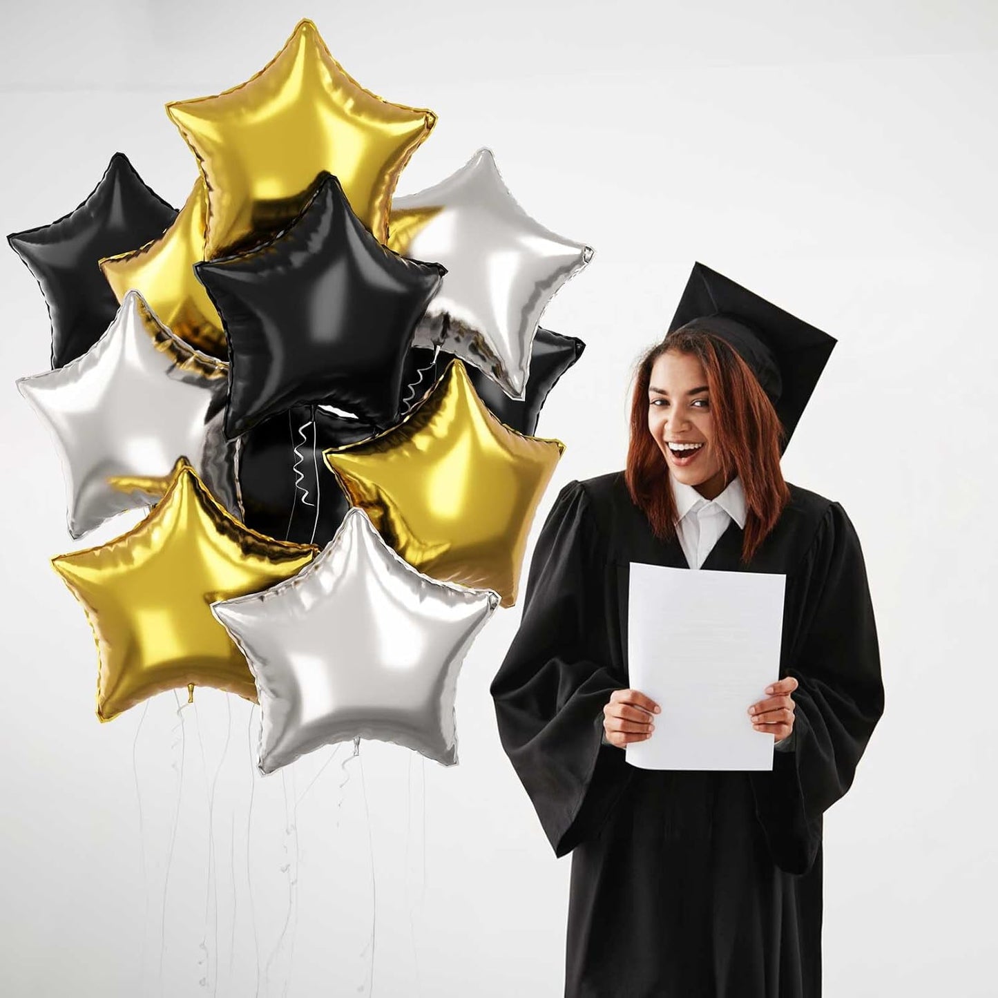 Black Gold Star Foil Balloons, 18 Inch 12Pcs Silver and Black Pentagram Aluminum Foil Balloon, Black Gold Party Decorations for Birthday Graduation New Year Wedding Retirement Casino Theme Party