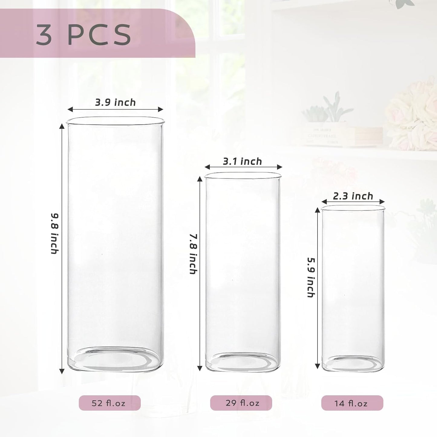 3 PCS Modern Square Glass Cylinder Vases Set (6/8/10 Inch) – Elegant Bud Vases, Floating Candle Holders & Wedding Centerpiece Displays for Home Decor, Holidays, Housewarming Gifts