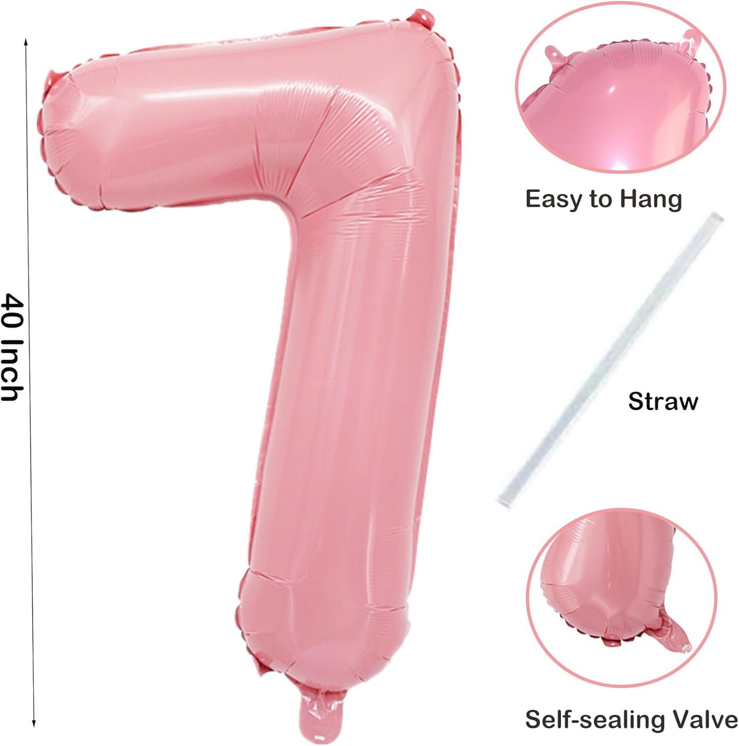 Light Pink Number 7 Balloon 40 Inch Big Self Inflating Foil Number Balloons 0-9, Pastel Pink Digital 7 Helium Balloon for 7th 17th 27th Girls Birthday Party Graduation Anniversary Decoration
