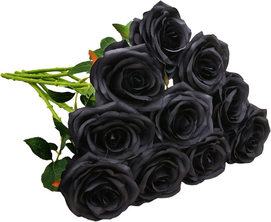 Artificial Rose 10pcs Open Flower Bouquet Black Faux Rose Stems for Wedding Arrangement, Bridal Bouquet, Centerpiece, Fake Faux Silk Flowers