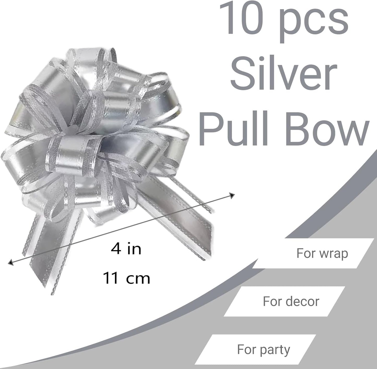 Small Pull Bows, 10 PCS 4 Inch Silver Gift Bows for Wrapping,Basket, Wedding,Birthday Party,Flower Bouquet Decoration