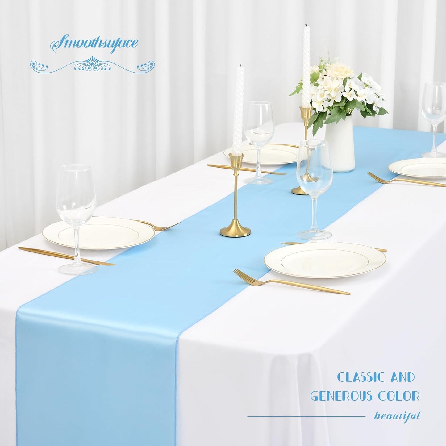 12 Pack Light Blue Satin Table Runner,12 x 108 inch Long Premium Smooth Table Runner for Wedding, Banquets, Birthday, Party, Graduation, Engagements,Table Runners fit Rectangle and Round Table