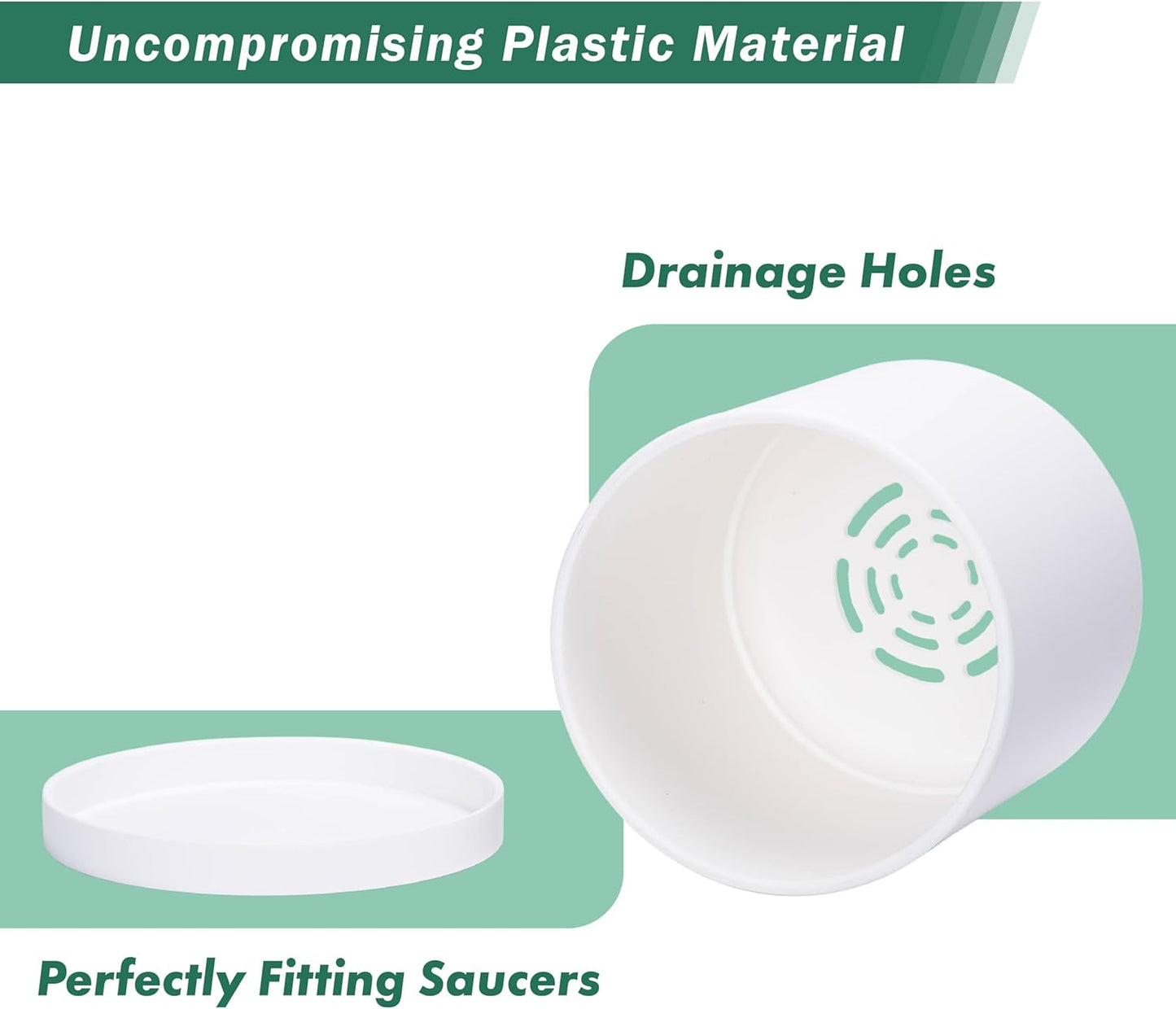 D'vine Dev 2 Pack 6 Inch Modern Plastic Plant Pots, Small Garden Planters for Plant with Drainage Holes and Saucers, White Color, 74-Z-J-1