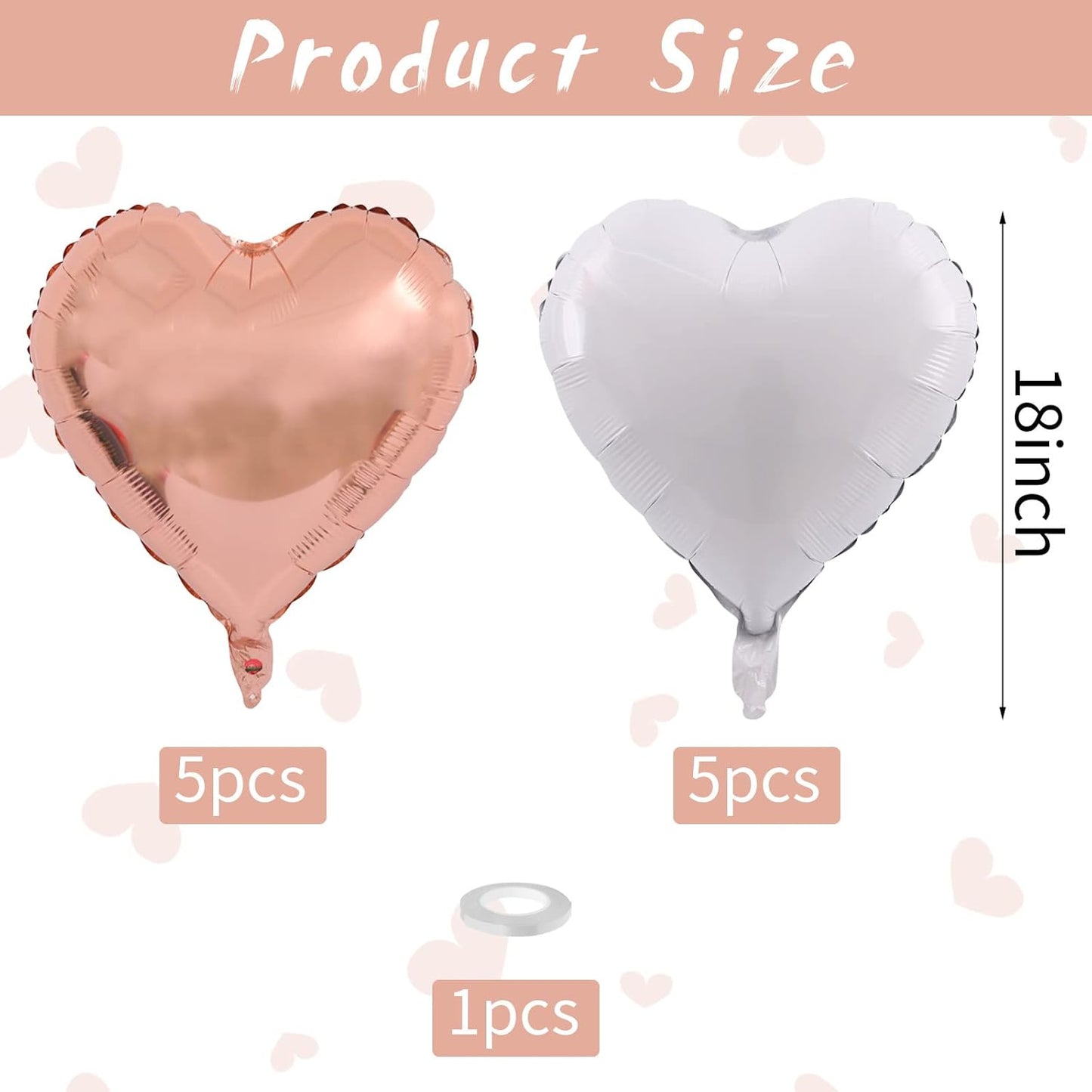 Rose Gold White Foil Heart Balloons, 10PCS Rose Gold Heart Shape Balloons, Valentines Balloons 18inch Rose Gold Foil Balloon for Helium Valentine Decorations for Wedding, Baby Shower, Anniversary