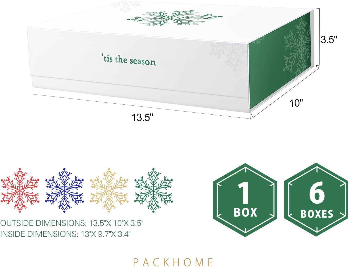 PACKHOME Christmas Gift Box 13x9.7x3.4 Inches, Large Gift Box with Lid, Sturdy Shirt Box with Magnetic Lid for Wrapping Gifts (Green Snowflake Pattern)