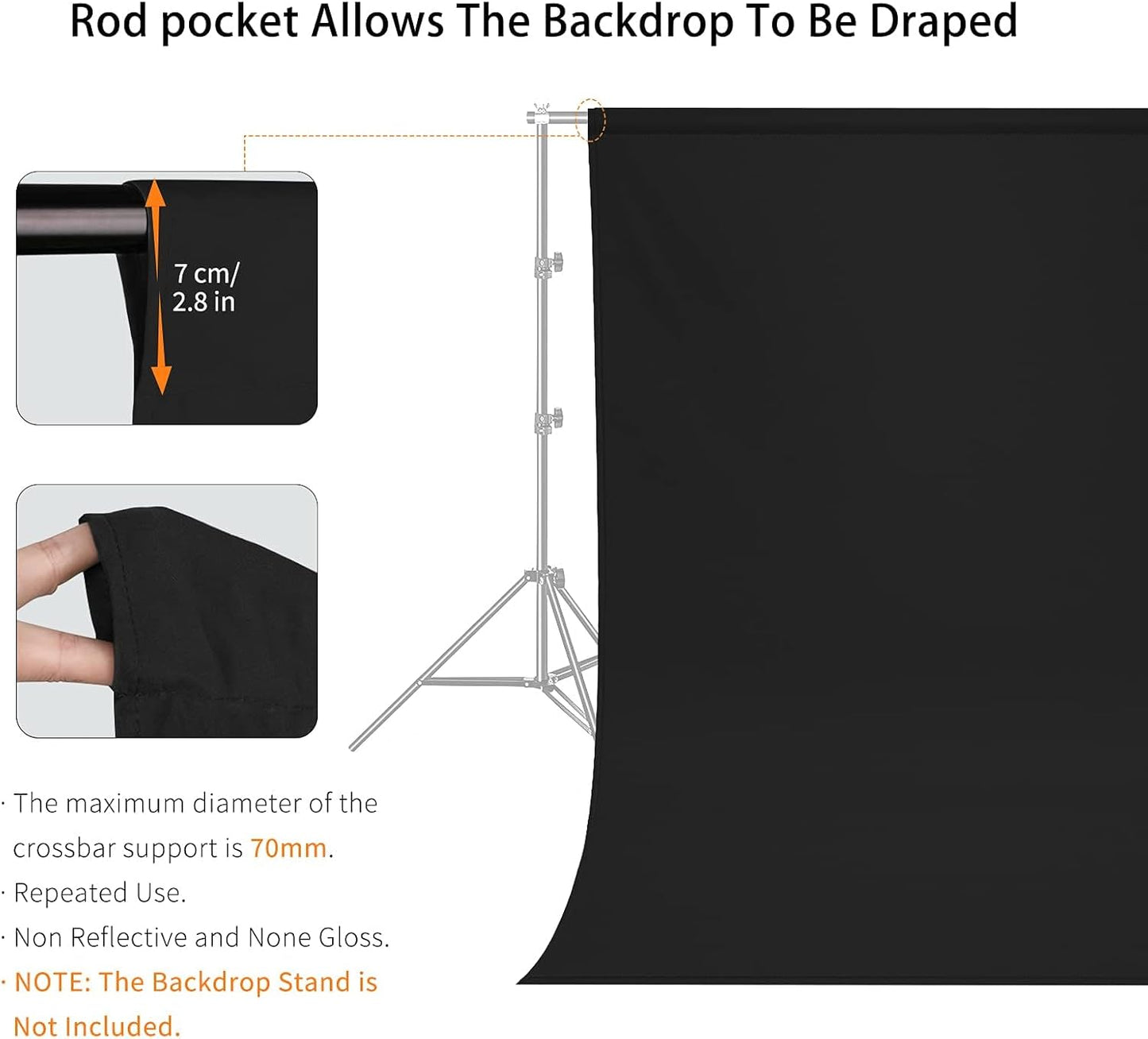 8X10 FT Black Backdrop, 100% Polyester Photography Background Curtain Screen, Foldable Black Screen Washable for Professional Photoshoot Portraits Party Video Studio