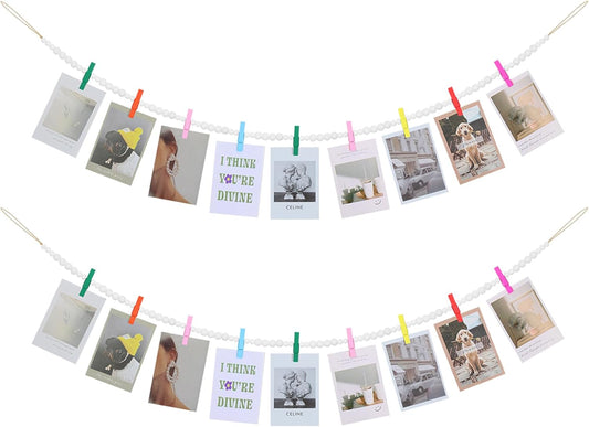 Hanging Photo Display Wall Decor, 2PCS Boho Wooden Bead Garland Collage Picture Frame with 9 Different Random Colors Wood Clips for Boho Bedroom, Living Room, Office, Dorm Decor
