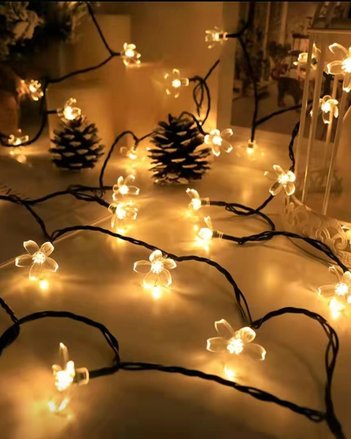 Cherry Blossom Fairy Flower String Lights Indoor Bedroom Decorations, 33ft 100 LED USB Plug in Decorative Floral Lamp for Christmas Tree Classroom Window Camping Vine Hanging (Warm White)