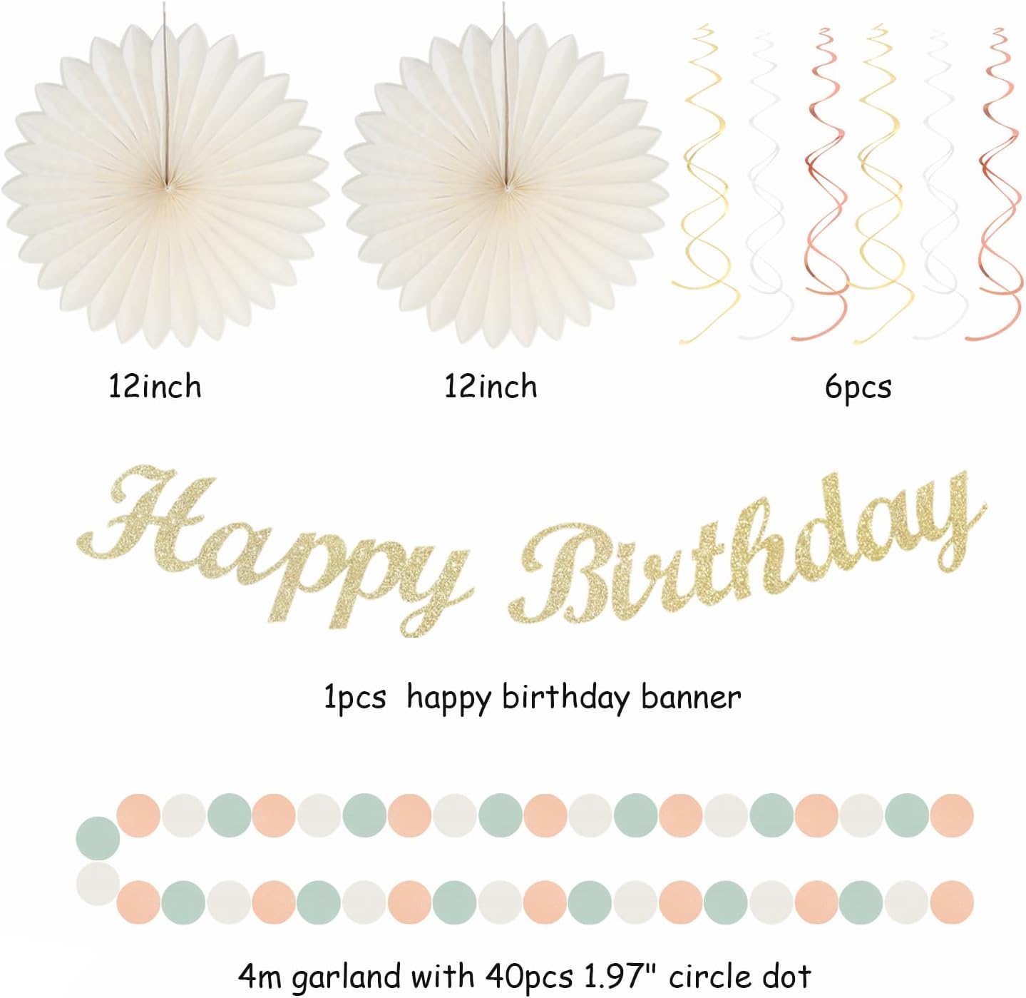 Sage-Green Pink First Happy Birthday Party-Decorations - 22pcs 18th Women Girls Paper Lanterns Streamers Banner Pom Poms,Spring Boho Aesthetic Bohemian Pastel Neutral Decor Backdrop Supplies Hugmoon