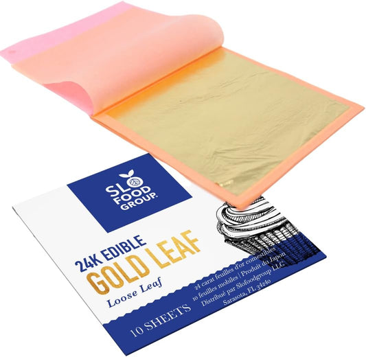 Slofoodgroup - 24 Karat Edible Gold Leaf Loose Sheets - 10 Sheets Gold Leaf Per Book - Gold Leaf Sheet Size 3.15in x 3.15in Loose Leaf Sheets - Edible Decoration, Crafting, Art and More