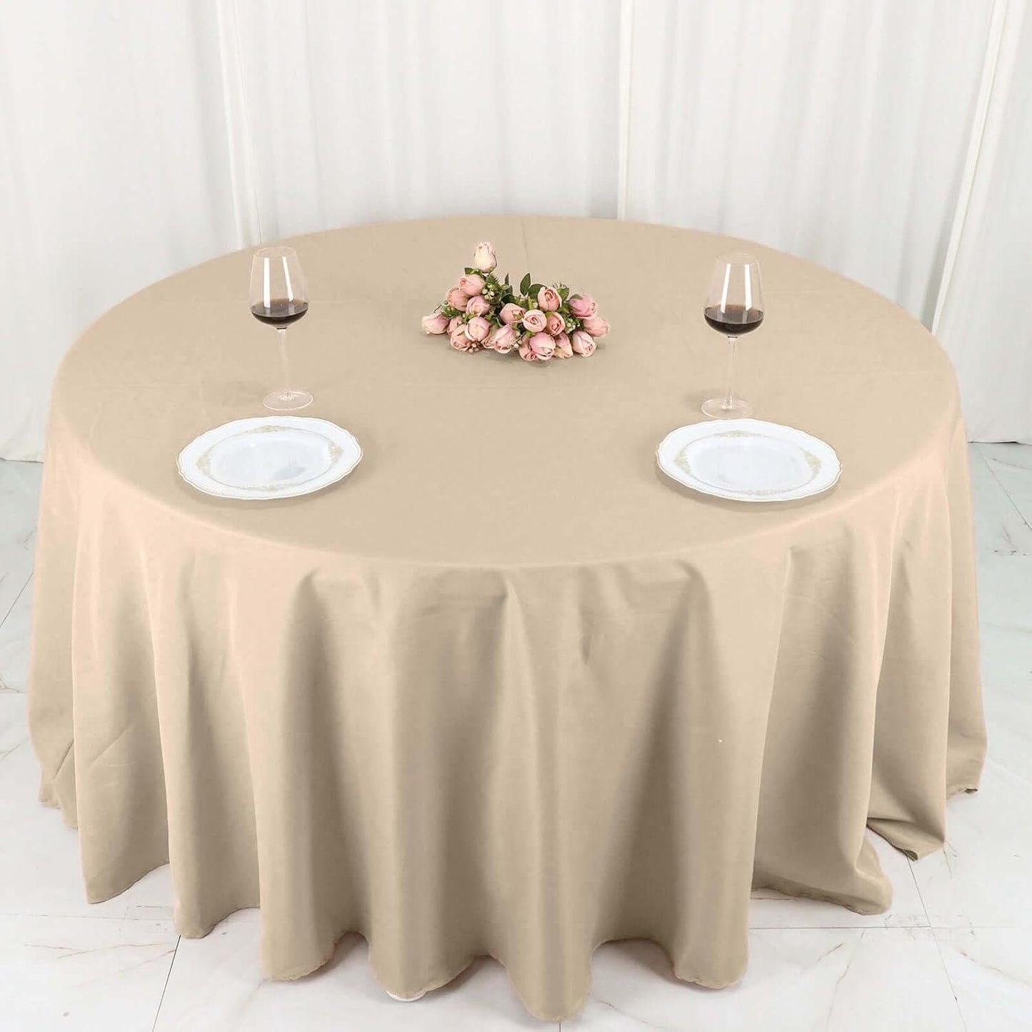 Efavormart Round Tablecloth, 132 Inch Stain & Wrinkle Resistant Washable Table Cloth, Decorative Polyester Fabric Table Cover for Banquet, Wedding, Dining- Nude Beige