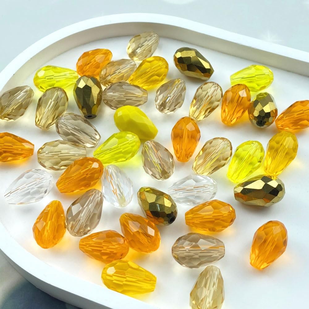 200pcs 3x5mm Teardrop Crystal Glass Beads Vertical Hole Faceted Loose Spacer Beads for DIY Craft Jewelry Making Necklace Bracelet Earring Wind Chimes(Yellow Series)