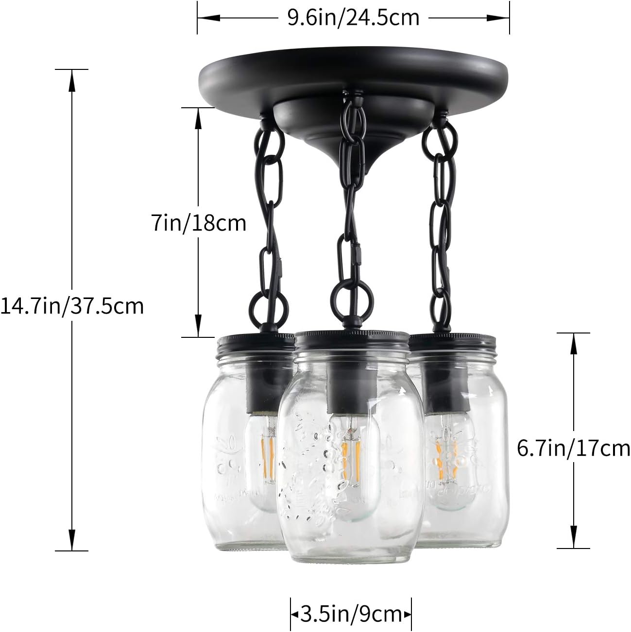 Black Pendant Lights, 3-Light Clear Glass Pendant Lights Kitchen Island, Mason Jar Light Fixtures, Farmhouse Mason Jar Pendant Lighting for Kitchen Dining Room Bedroom Hallway Entryway