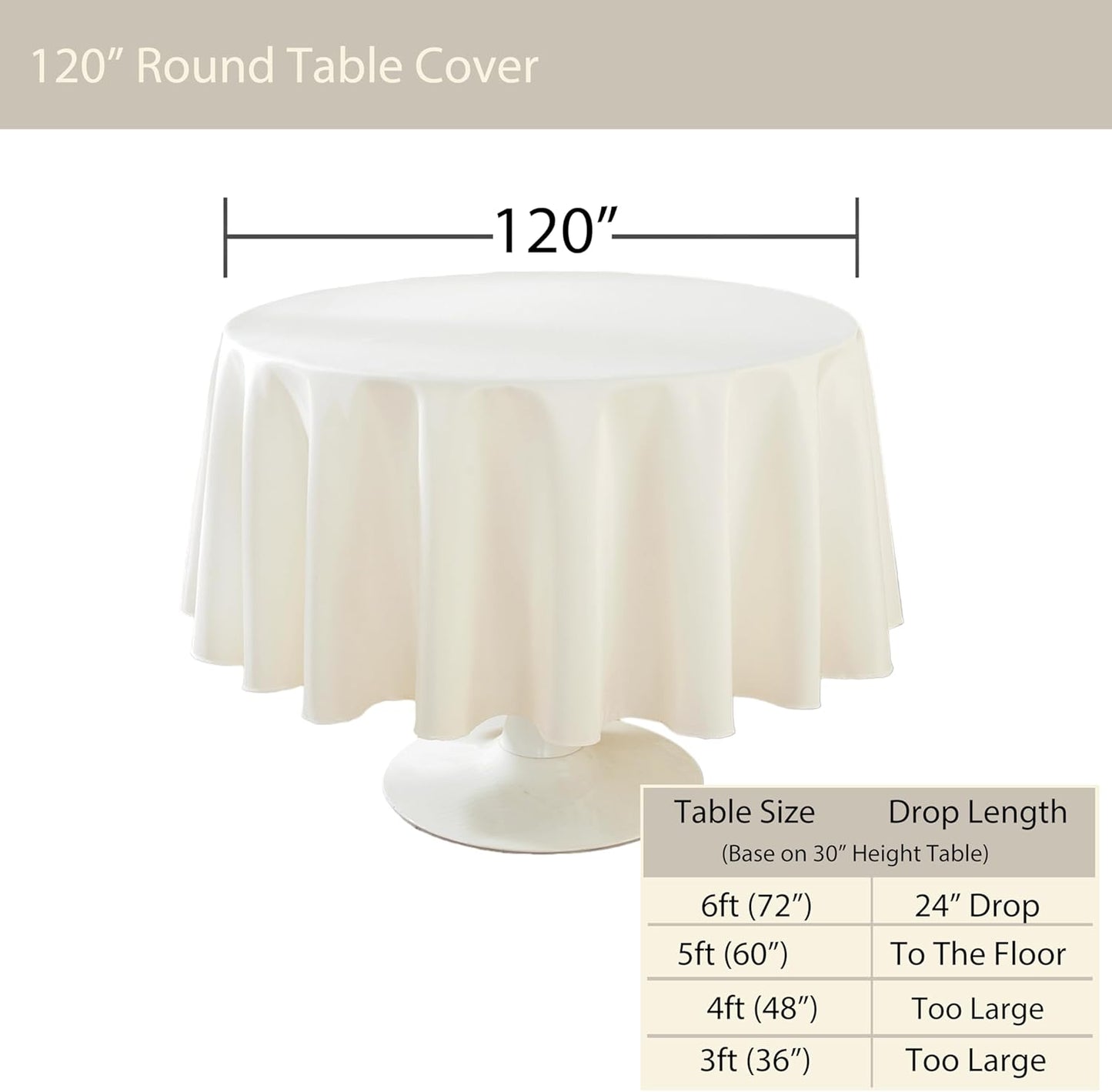 Craft And Party Round Tablecloth, 120 Inch Ivory Tablecloth, Polyester Fabric Washable Table Cloth for Home, Party, Wedding or Restaurant Use.