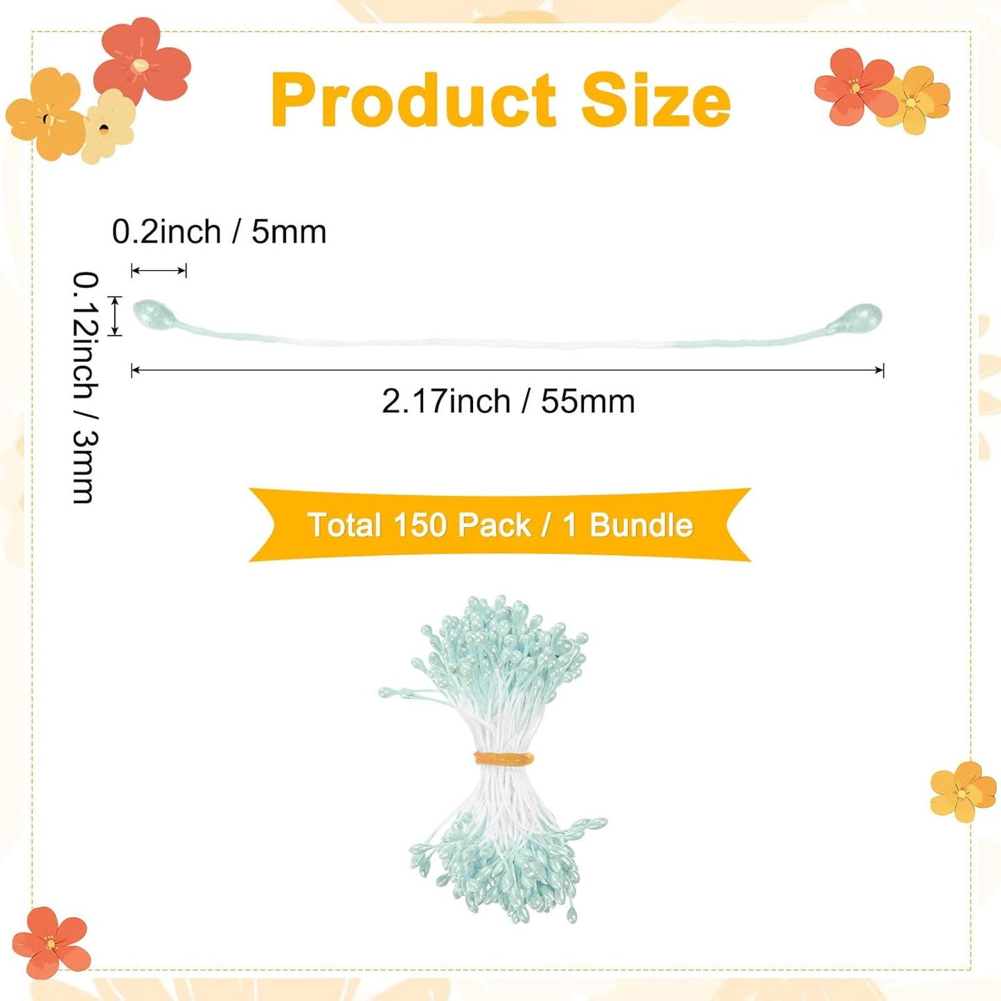 150-Pack Flower Stamens for Crafts, 5mm Double Heads Artificial Pearl Floral Pistil Mini Flower Pollens Stamens for DIY Making/Wedding/Scrapbook Decoration [Light Blue]